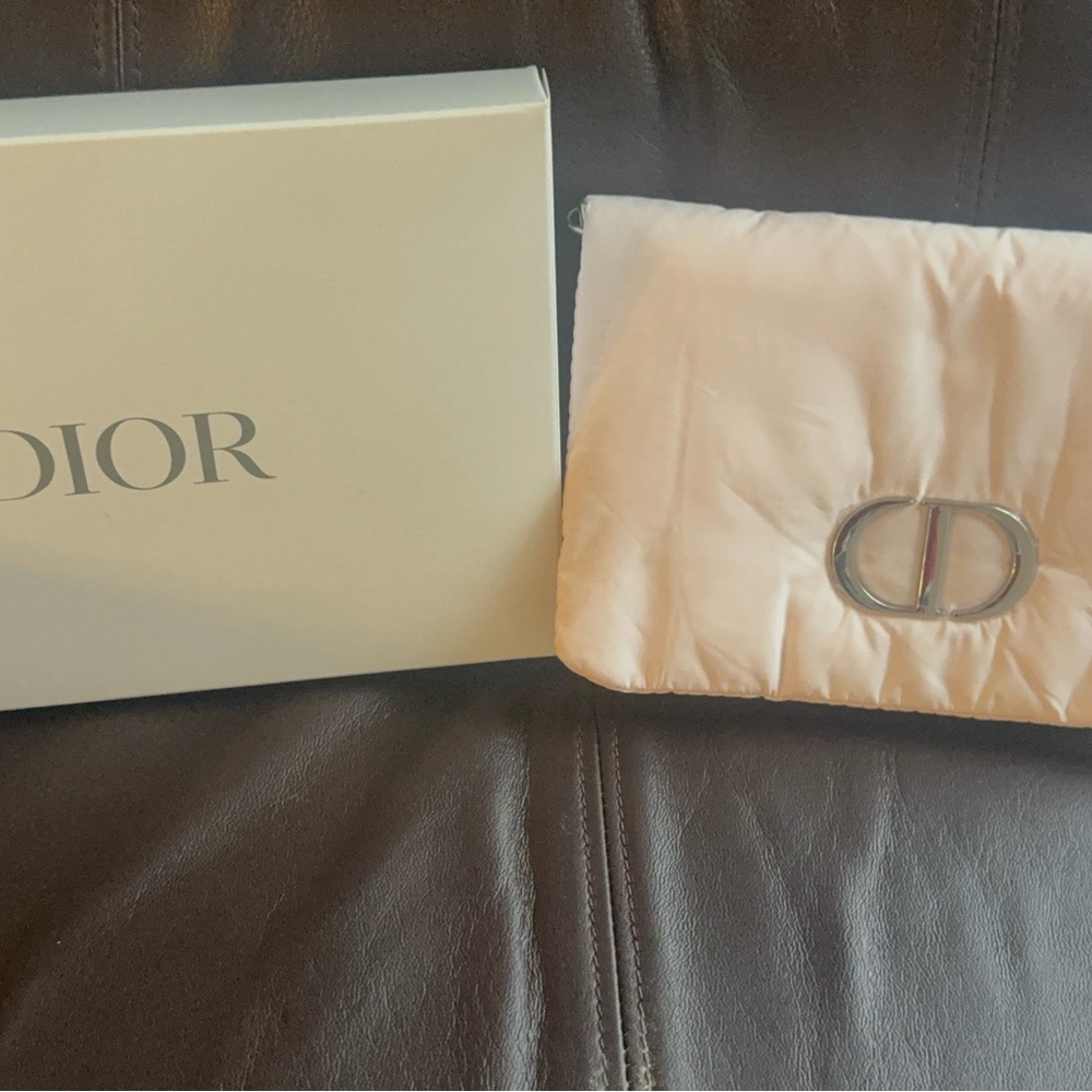 NIB Dior Light Pink Quilted Pouch with Silver Logo and Pearl chain